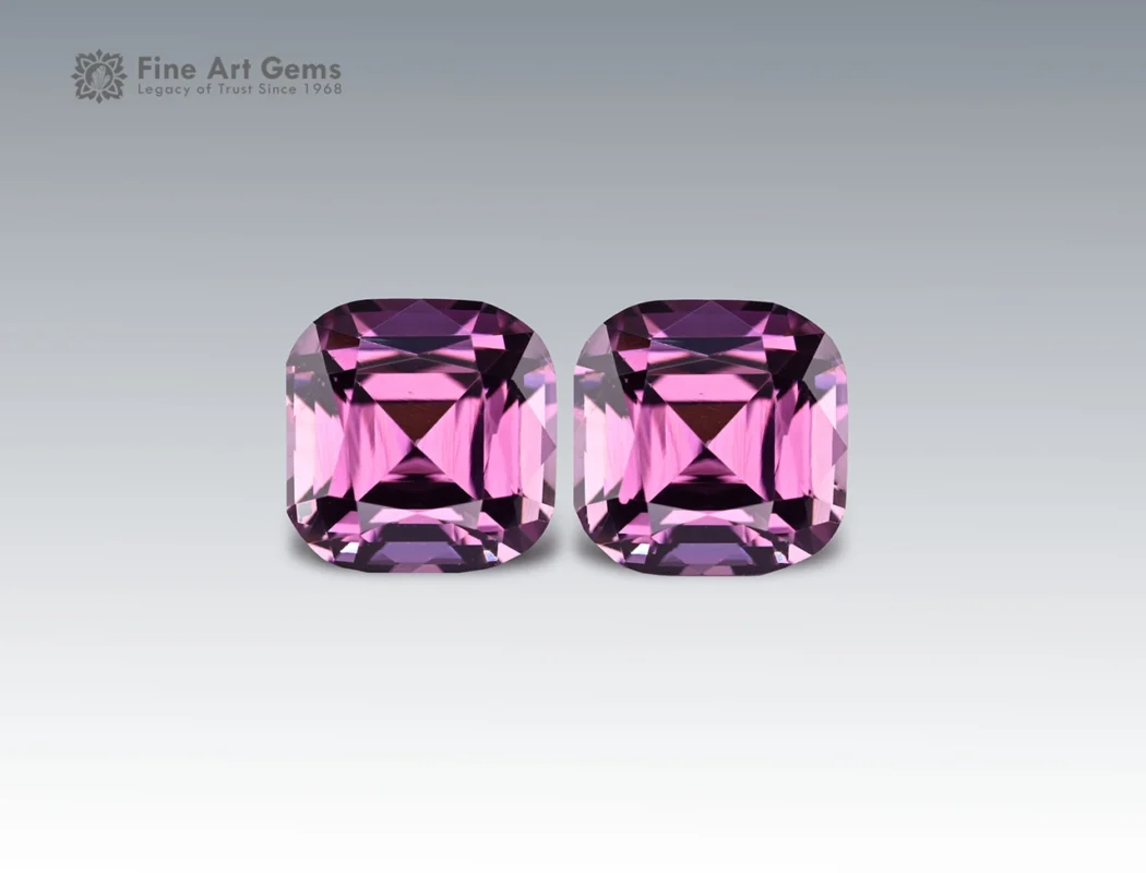 Natural 3.1 carat spinel pair with cushion cut from Tajikistan, vivid pink-purple gemstones ideal for earrings, rings, or fine jewelry