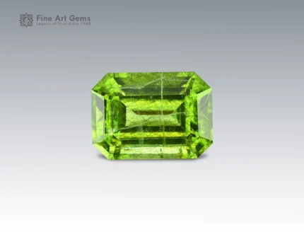 natural 12.45 carat peridot with ludwigite inclusions, emerald cut gemstone from Pakistan for ring, pendant, earrings, and jewelry collection