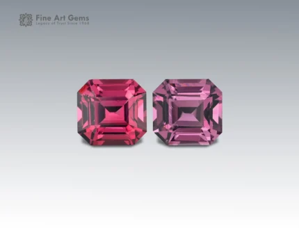 Natural 3.5 carat spinel pair with emerald cut from Tajikistan, vivid pink and purple gemstones ideal for earrings, rings, or fine jewelry