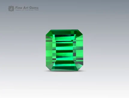 22.4 carat vivid green tourmaline gemstone in emerald cut from Afghanistan, rectangular faceted gem on neutral background