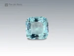 3.5 carat aquamarine gemstone in cushion cut from Madagascar, light blue faceted gem on neutral background