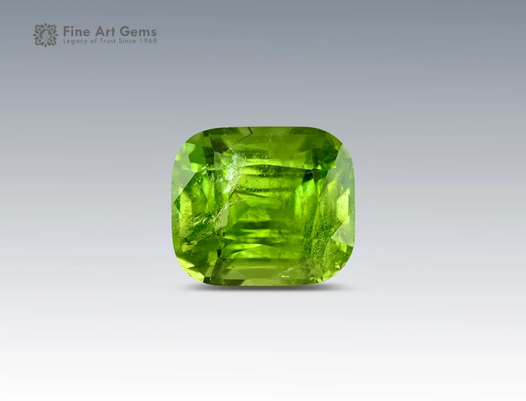 10.2 carat peridot gemstone with cushion cut from Pakistan, perfect for rings, pendants, and fine jewelry collections