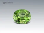 2.9 carat oval-cut peridot gemstone from Pakistan with vivid green color and natural ludwigite inclusions.