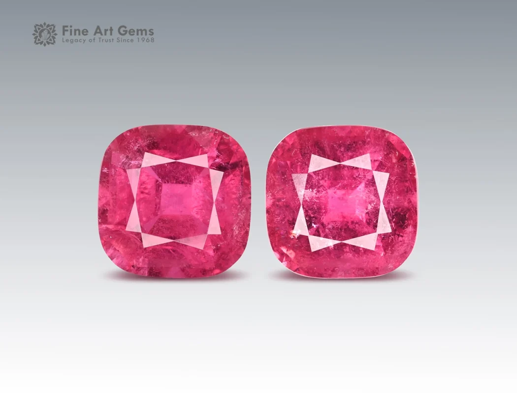 Pair of 29.55 carat rubellite tourmalines in cushion cut from Afghanistan, vibrant, deep pink gems suitable for fine jewelry