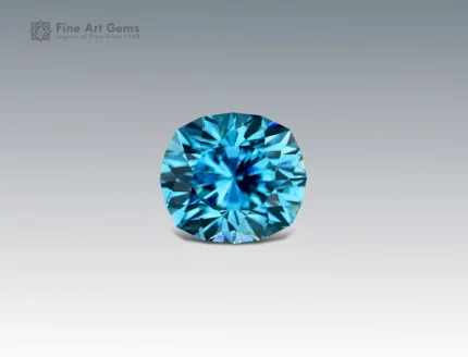 4.4 carat natural blue zircon gemstone with fancy cushion cut from Cambodia, showing vibrant brilliance