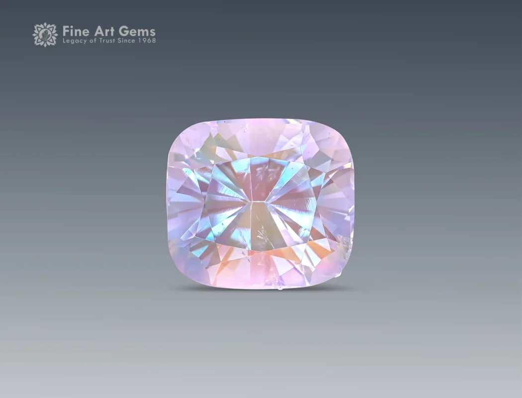 A cushion cut 13.35 carat Moonstone from Madagascar, showing soft pastel hues and iridescent glow, perfect for rings and pendants.