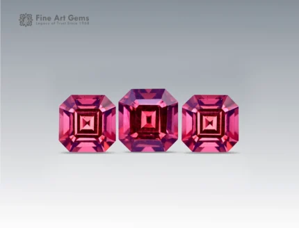 Brilliant 4.95 carat rhodolite garnet gemstones from Pakistan, expertly faceted in emerald cut, displaying vivid raspberry-red brilliance and exceptional clarity