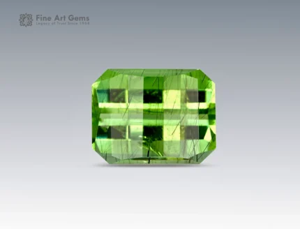 Rare 5.3 carat pixel cut peridot gemstone with ludwigite inclusions, showcasing vivid green brilliance. Sourced from Pakistan, perfect for collectors and jewelry.
