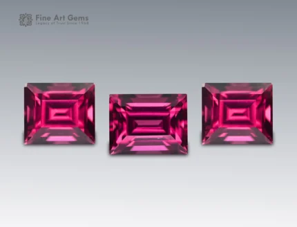 Brilliant 6 carat rhodolite garnet from Africa, expertly cut in baguette style, displaying vivid raspberry-red hues with sharp step facets and radiant luster.