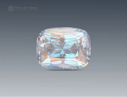 Cushion-cut moonstone gemstone weighing 17.30 carats from Madagascar, displaying a translucent body with a captivating blue and rainbow sheen.