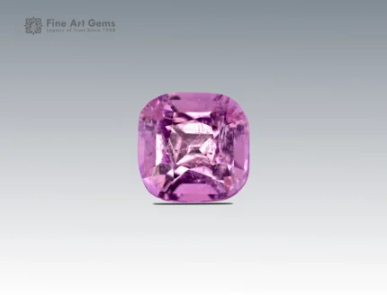A 2.3-carat cushion-cut pink topaz with a bright rosy hue and sparkling facets, mined in Pakistan.