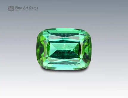 Cushion-cut vivid green tourmaline gemstone weighing 3.60 carats from Afghanistan, with excellent brilliance and fine clarity.