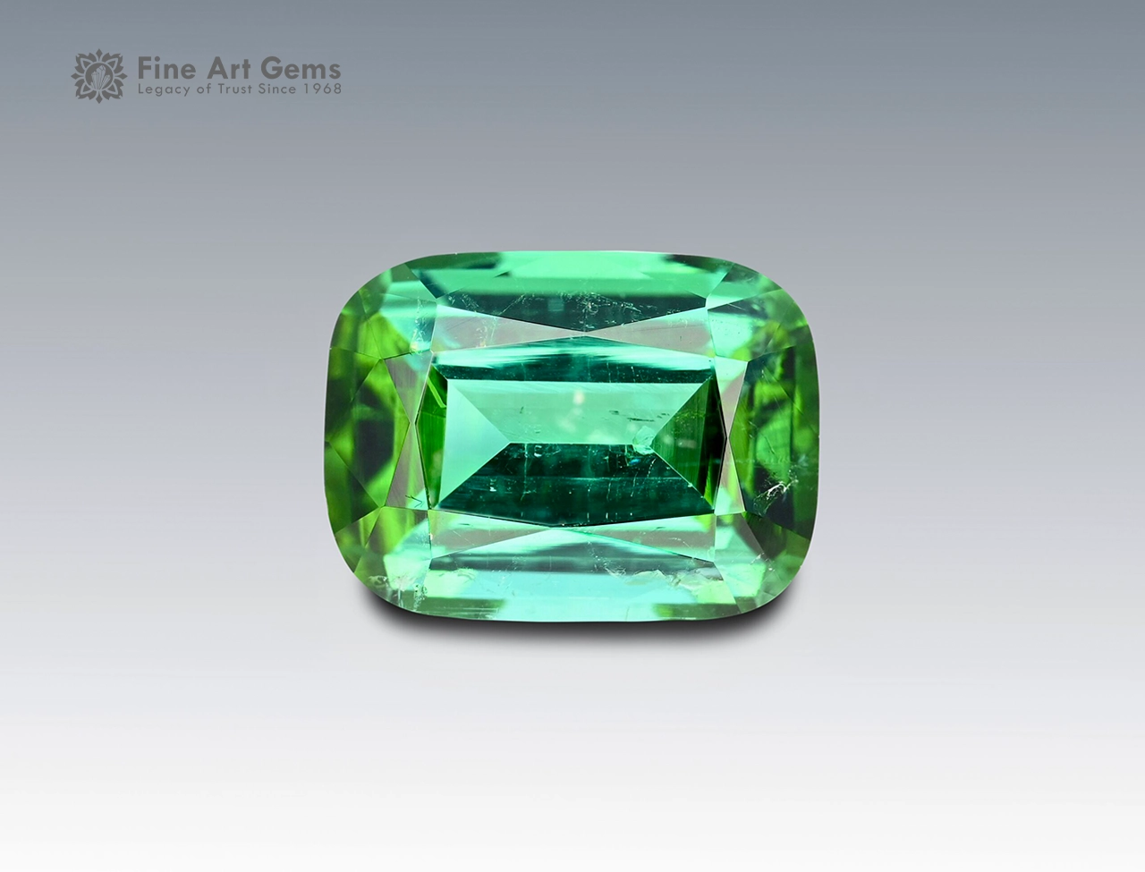 3.60 Carat Cushion-Cut Tourmaline from Afghanistan.Main Cushion-cut vivid green tourmaline gemstone weighing 3.60 carats from Afghanistan, with excellent brilliance and fine clarity.