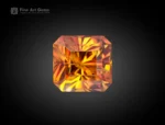 2.25 carat Asscher cut sphene (titanite) gemstone from Pakistan, showing golden-orange color and strong rainbow brilliance