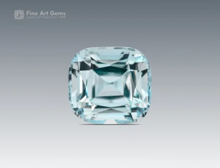 Fine 6-carat cushion-cut aquamarine gemstone from Pakistan, featuring a bright blue color and clean faceting.