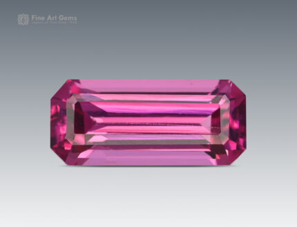 Hot pink emerald cut rhodolite garnet from Africa, 1 carat, eye-clean clarity.