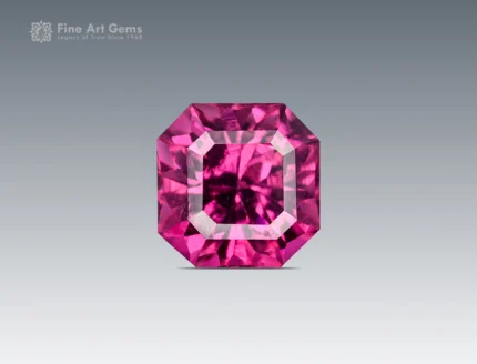 Asscher-cut rhodolite garnet gemstone from Africa with vivid rose-red color and excellent clarity.