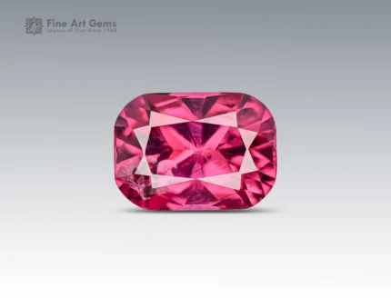 Fine cushion-cut rhodolite garnet gemstone with a rich pink color and faceted brilliance from Africa.