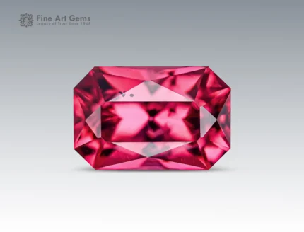 Faceted cushion cut rhodolite garnet gemstone with rich red color from Africa, suitable for jewelry.