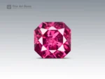 Faceted 1.45 carat cushion cut rhodolite garnet gemstone from Africa, showing rich raspberry color for acceptable jewelry use.