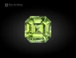 Asscher cut Peridot gemstone with bright gemmy green color, 3.25 carats, expertly faceted, and sourced from Pakistan.