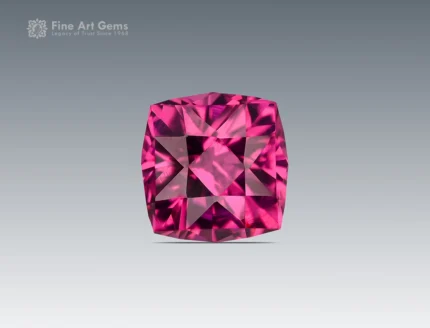 Fine, faceted cushion-cut rhodolite garnet gemstone with a vivid pink color from Africa.