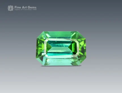 Emerald cut tourmaline gemstone showing blue and green tones with clean facet structure