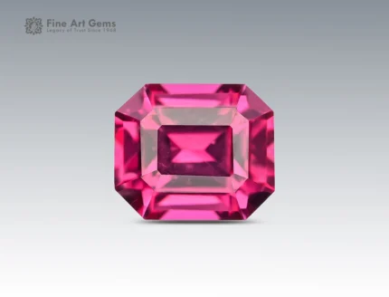 Asscher cut rhodolite garnet gemstone with vivid raspberry pink color and eye-clean clarity