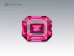 Asscher cut rhodolite garnet gemstone with vivid raspberry pink color and eye-clean clarity