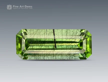 Emerald cut peridot with black ludwigite needle inclusions from Pakistan