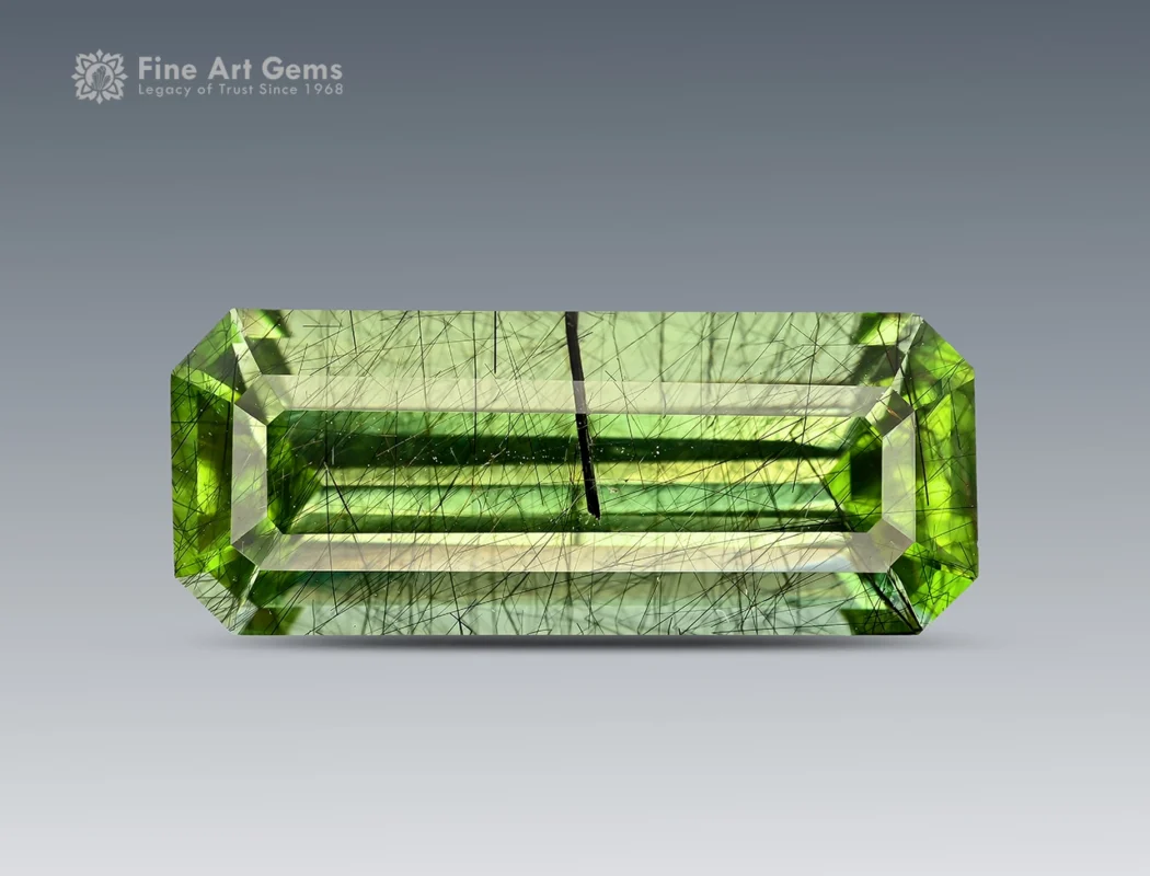 Emerald cut peridot with black ludwigite needle inclusions from Pakistan