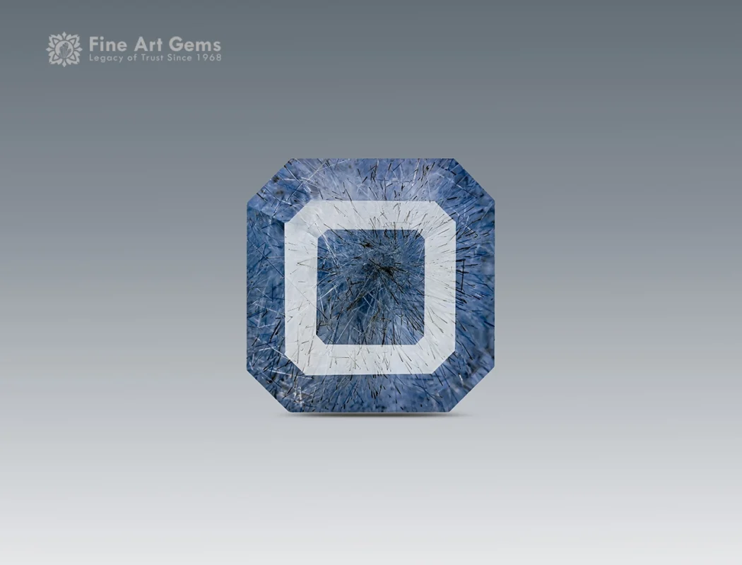 Asscher cut dumortierite included quartz gemstone from Brazil with delicate blue cloud like inclusions and fine transparency