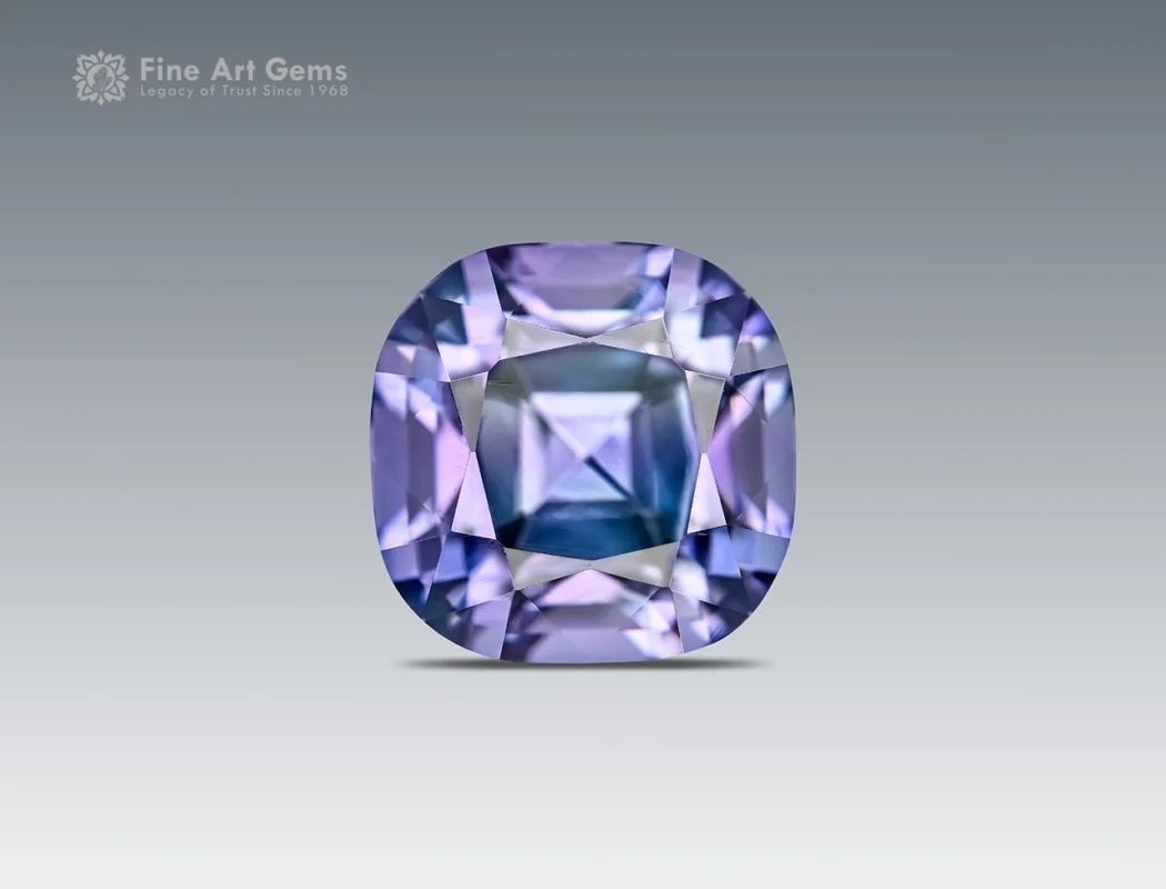 Eye-clean purple cushion-cut Apatite gemstone from Afghanistan with excellent brilliance and UV fluorescence.