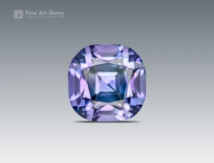 Eye-clean purple cushion-cut Apatite gemstone from Afghanistan with excellent brilliance and UV fluorescence.