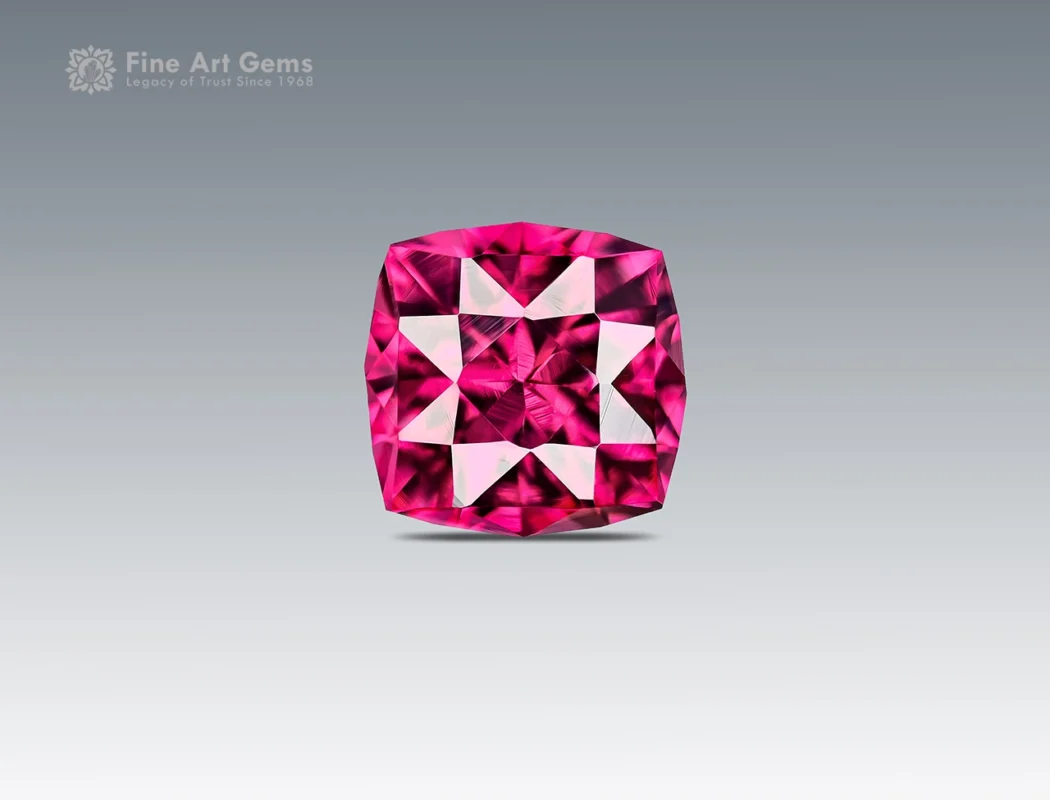 Natural 0.95 carat cushion cut rhodolite garnet with raspberry pink color from Africa.
