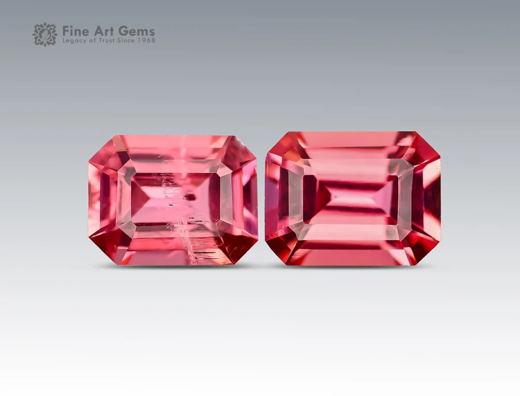 1.40 carat emerald cut pink vayrynenite pair from Pakistan