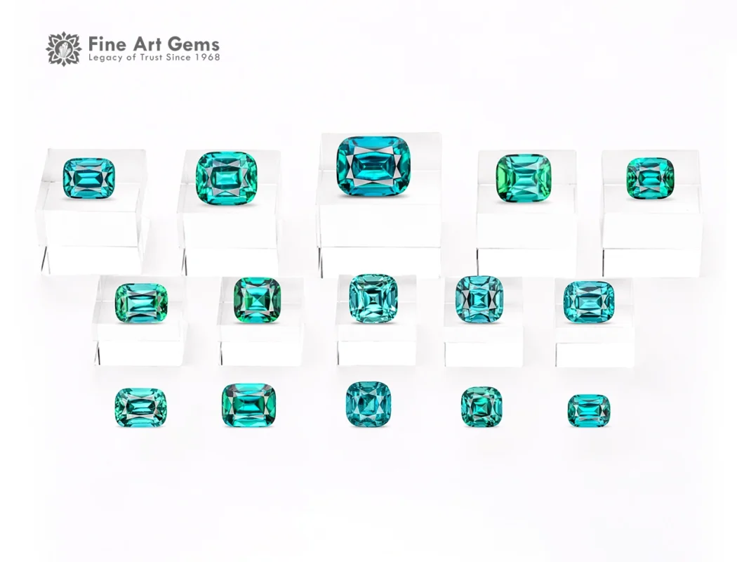 113.7 carat lot of 15 cushion cut tourmalines in blue indicolite to green colors from Afghanistan