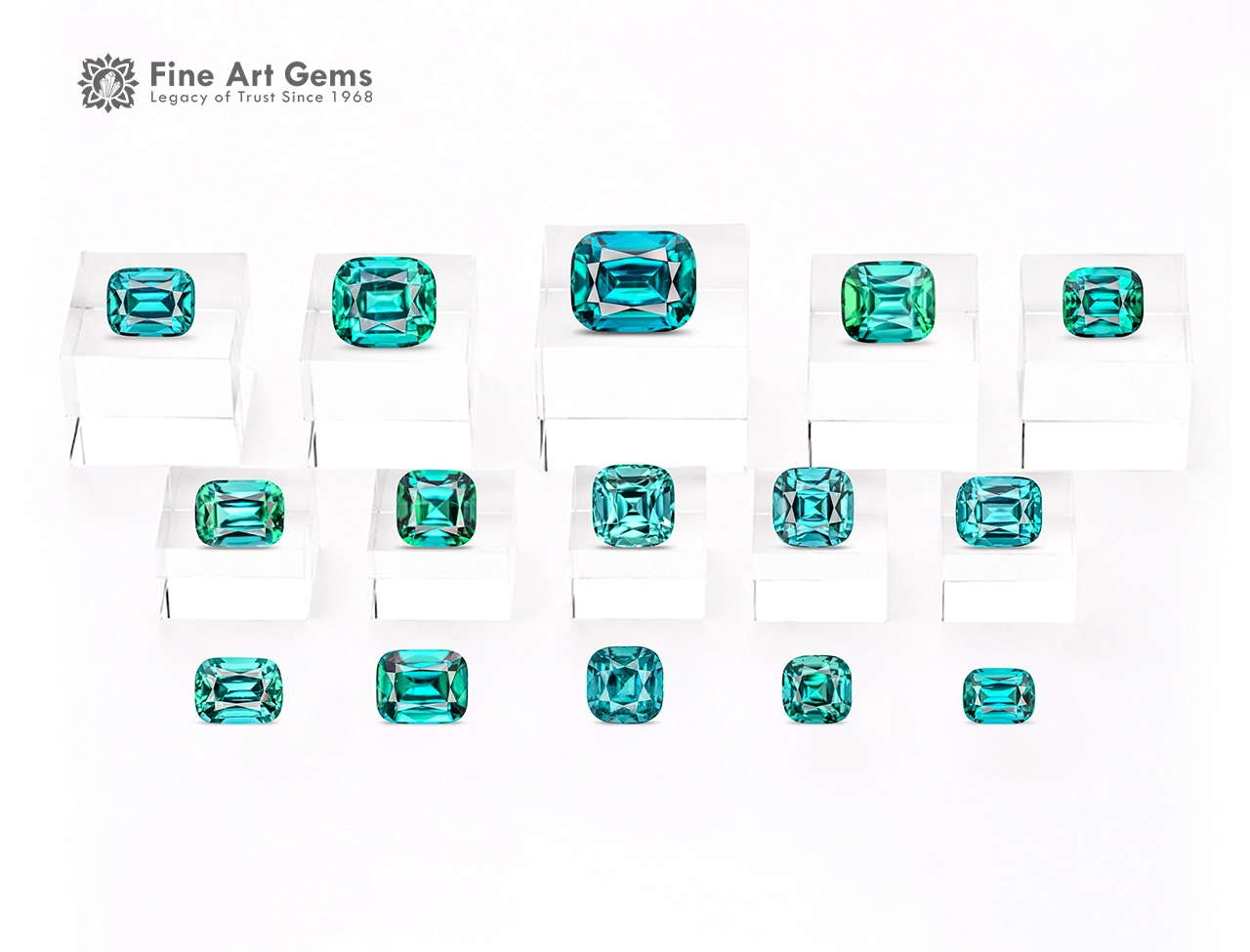 113.7 Carat Lot Cushion Cut Tourmalines Afghanistan (1) 113.7 carat lot of 15 cushion cut tourmalines in blue indicolite to green colors from Afghanistan