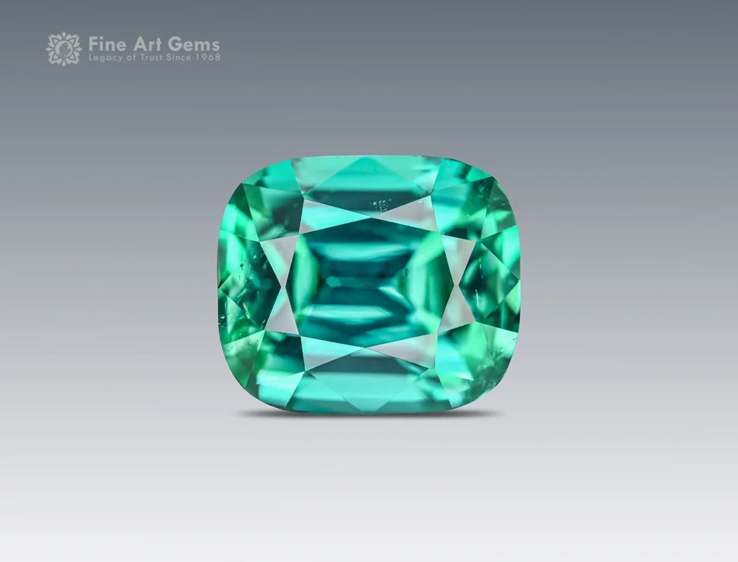 Cushion-cut lagoon tourmaline from Afghanistan with vivid blue-green color